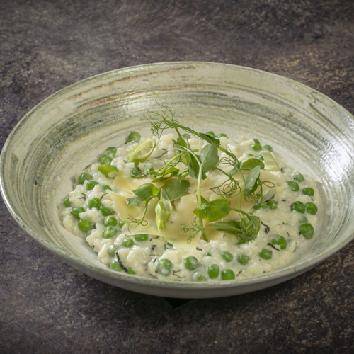 <p>GOATS CHEESE, PEA &amp; MINT RISOTTO</p>